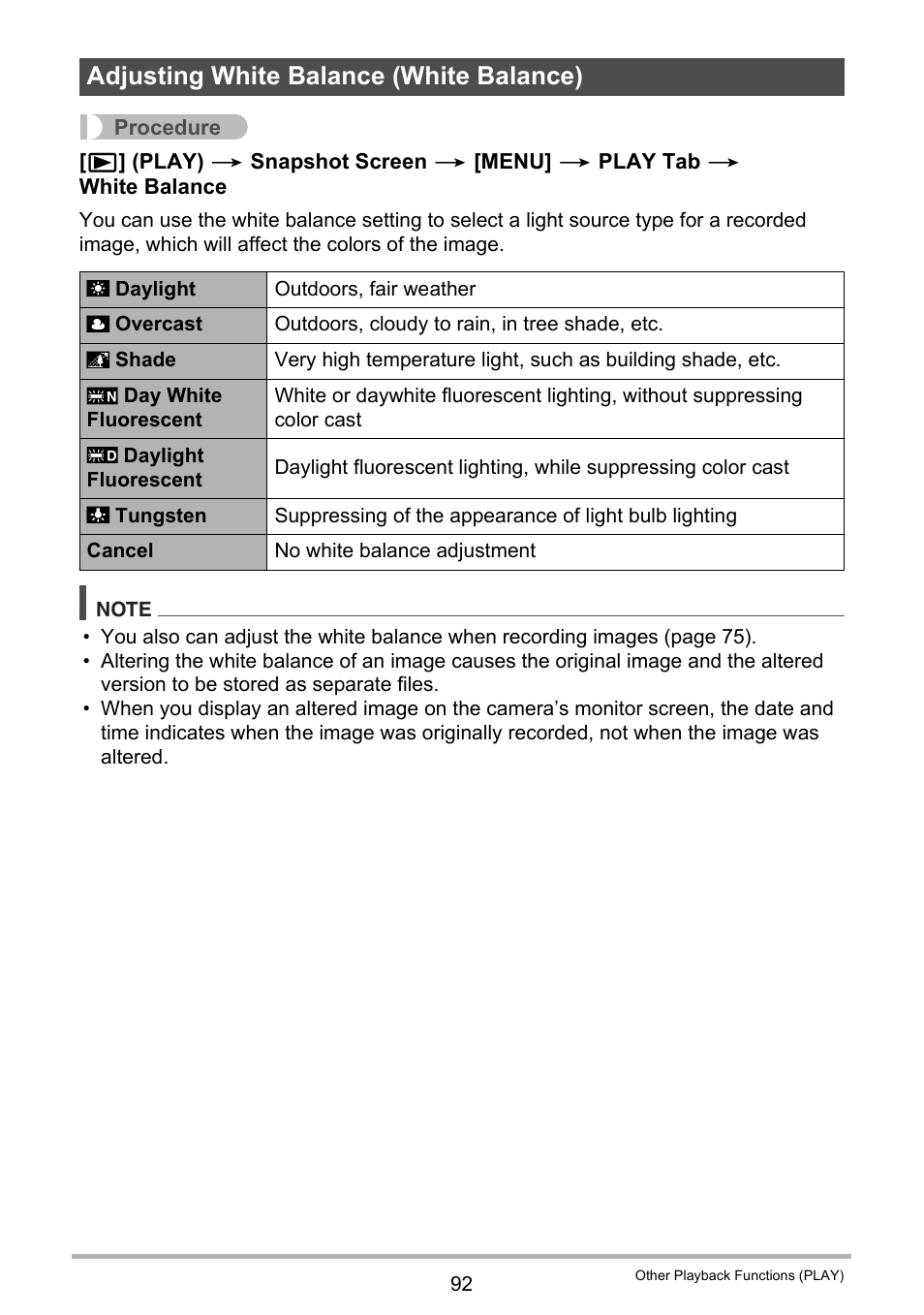Adjusting white balance (white balance) | Casio EX-Z200 User Manual | Page 92 / 171