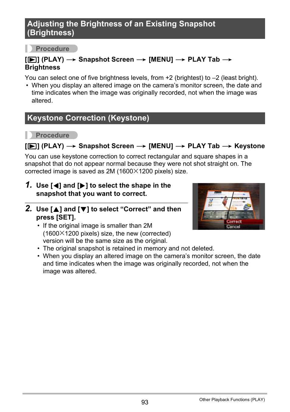 Keystone correction (keystone) | Casio EX-Z200 User Manual | Page 93 / 171