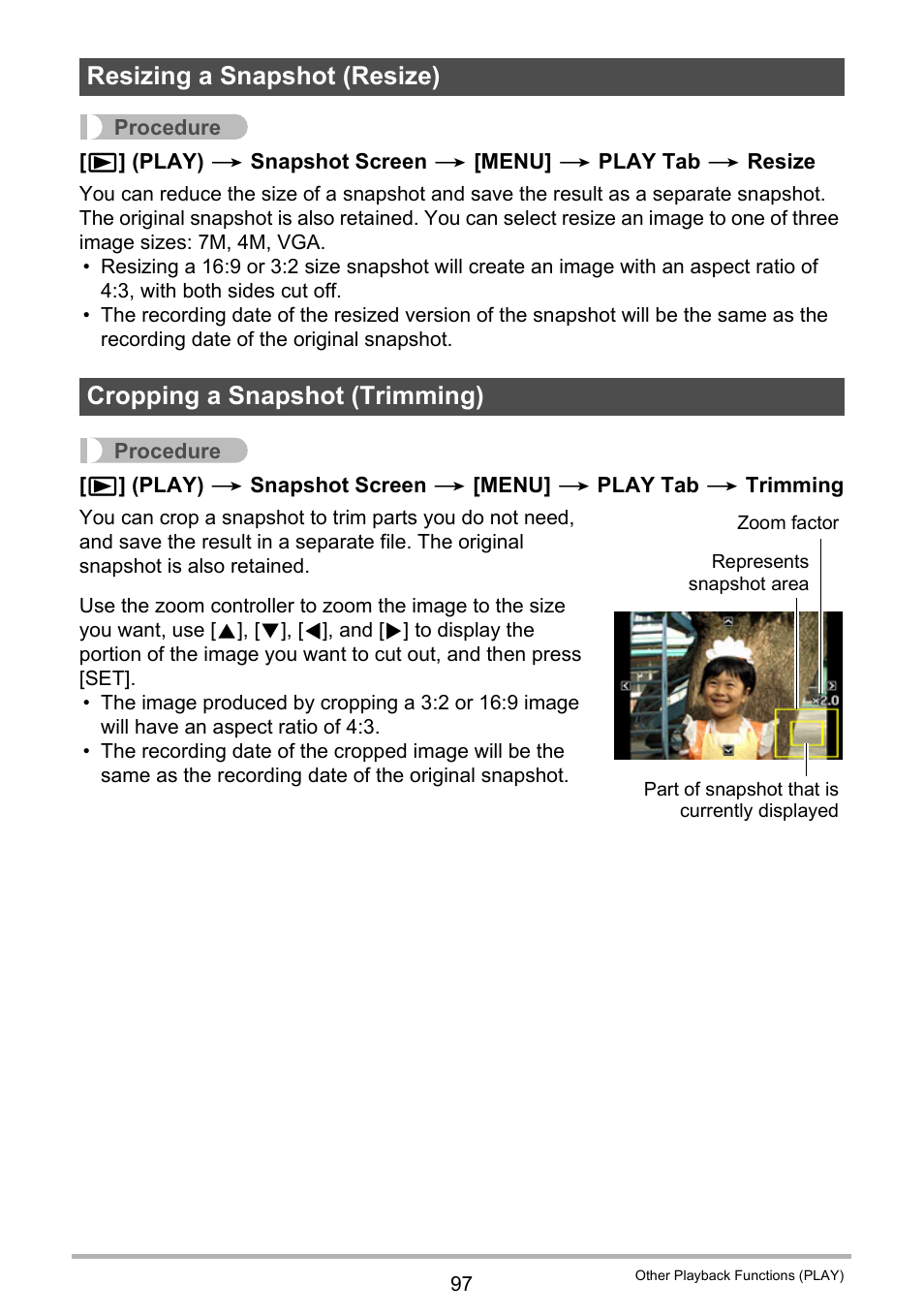 Resizing a snapshot (resize), Cropping a snapshot (trimming) | Casio EX-Z200 User Manual | Page 97 / 171