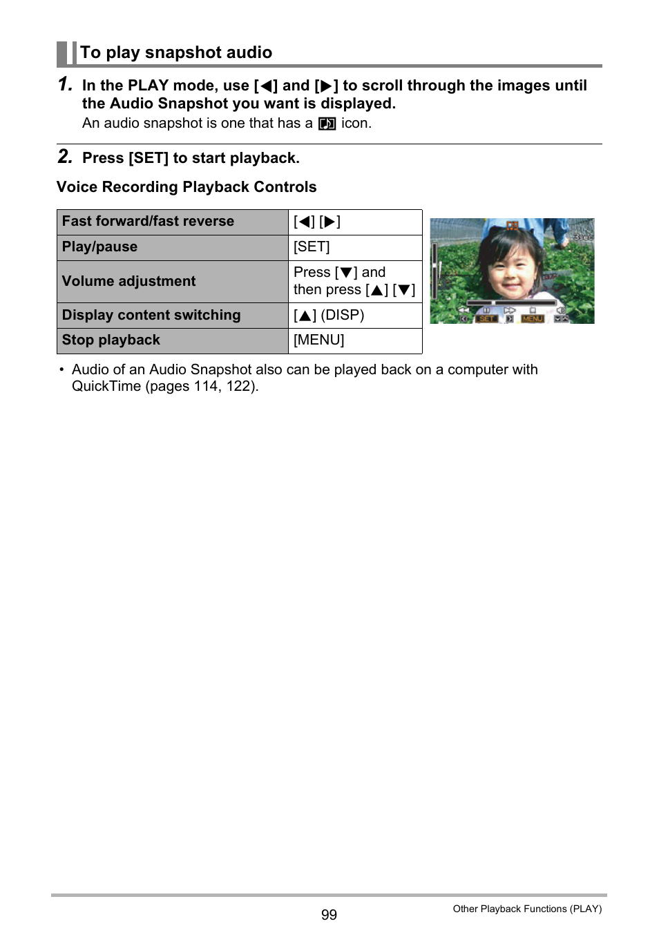 To play snapshot audio | Casio EX-Z200 User Manual | Page 99 / 171