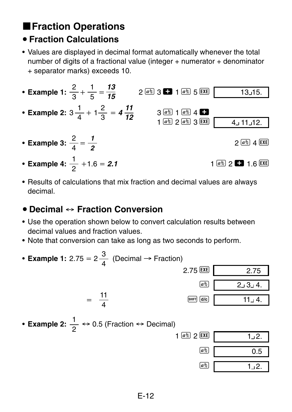 K fraction operations, U fraction calculations, U decimal ↔ fraction conversion | Casio fx-3650P User Manual | Page 14 / 61