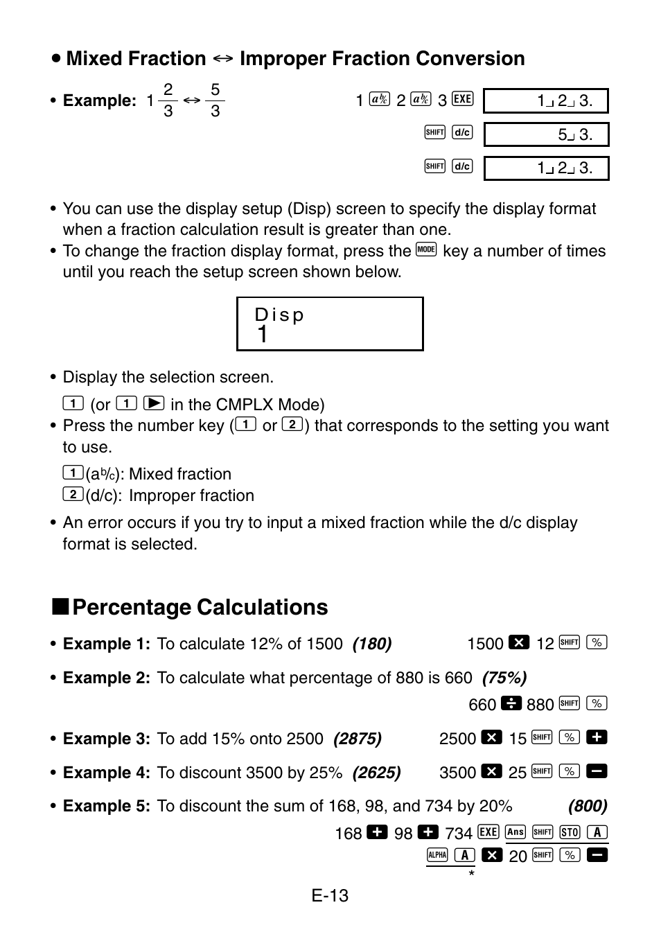 K percentage calculations, U mixed fraction, Improper fraction conversion | Casio fx-3650P User Manual | Page 15 / 61