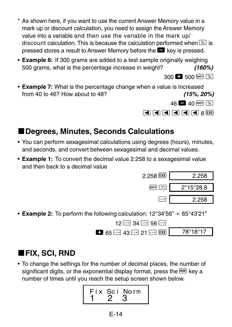 K degrees, minutes, seconds calculations, K fix, sci, rnd | Casio fx-3650P User Manual | Page 16 / 61