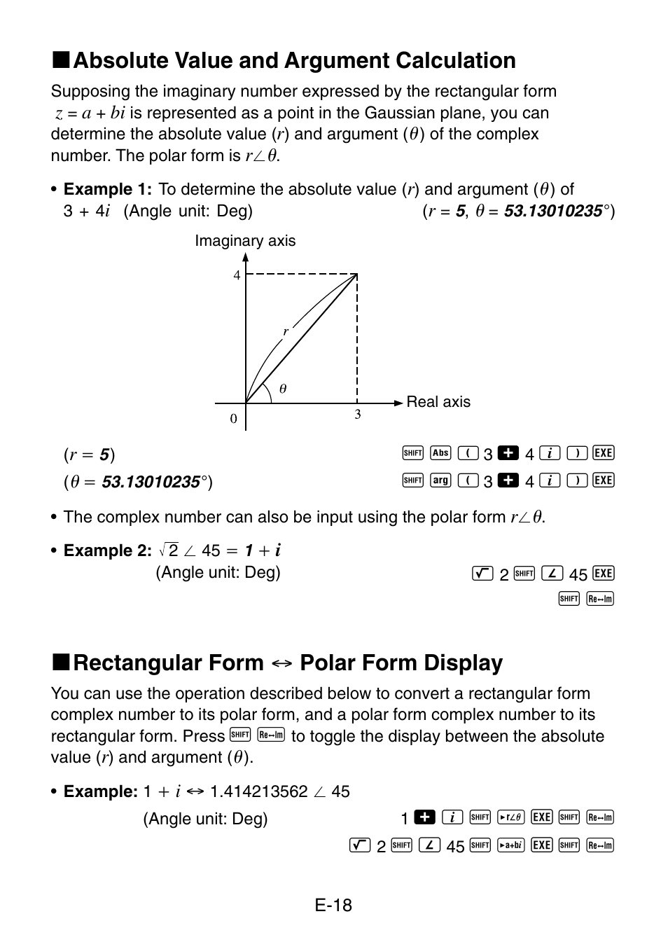 K absolute value and argument calculation, K rectangular form ↔ polar form display | Casio fx-3650P User Manual | Page 20 / 61