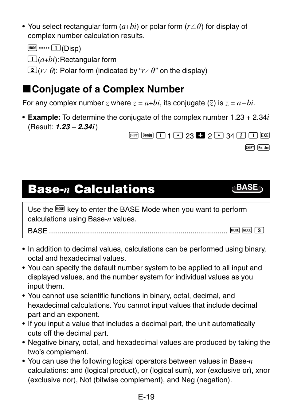 Base- n calculations, K conjugate of a complex number | Casio fx-3650P User Manual | Page 21 / 61