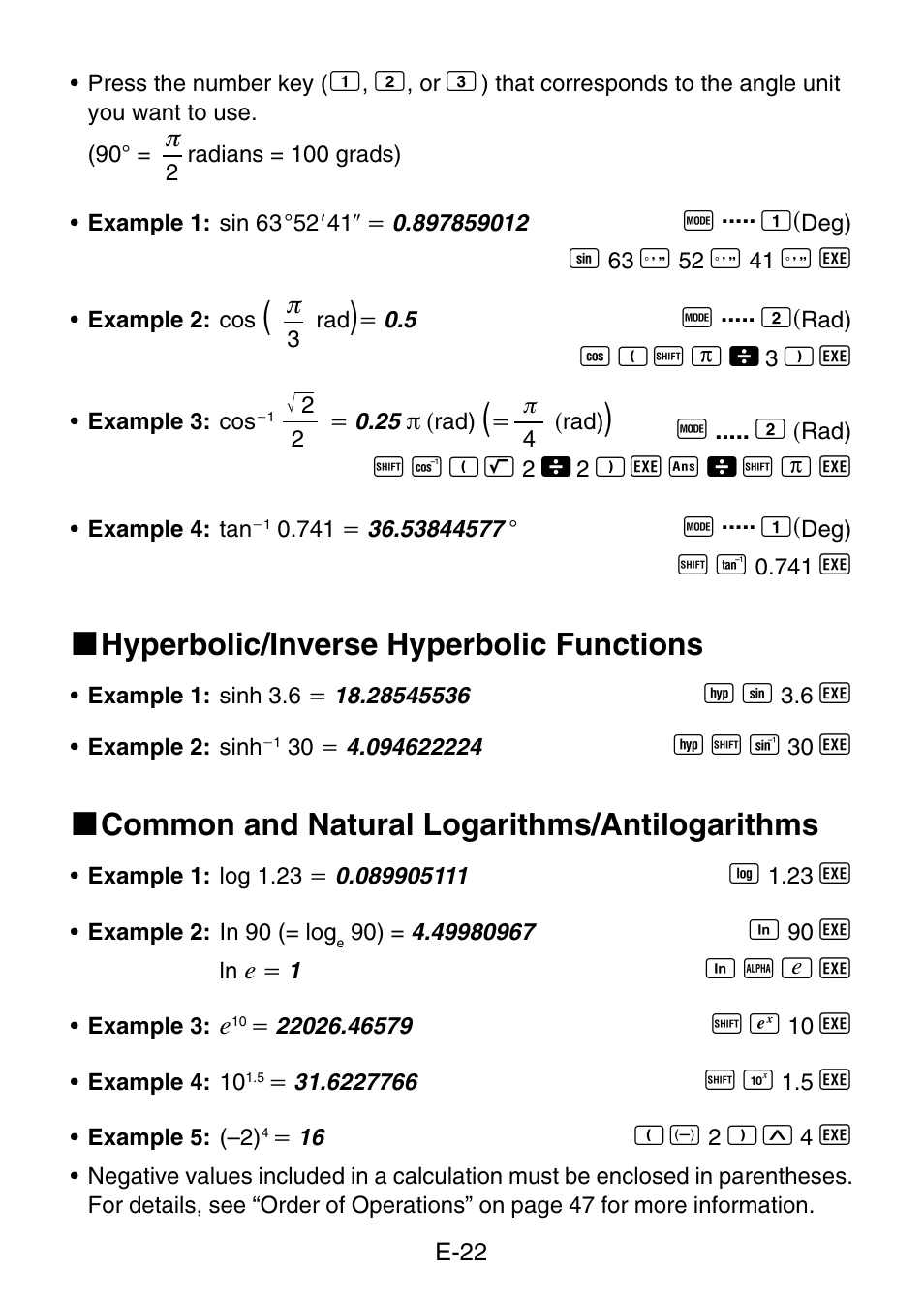 K hyperbolic/inverse hyperbolic functions, K common and natural logarithms/antilogarithms | Casio fx-3650P User Manual | Page 24 / 61