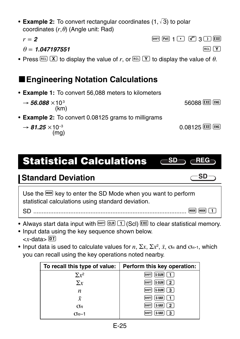 Statistical calculations, K engineering notation calculations, Standard deviation | Casio fx-3650P User Manual | Page 27 / 61