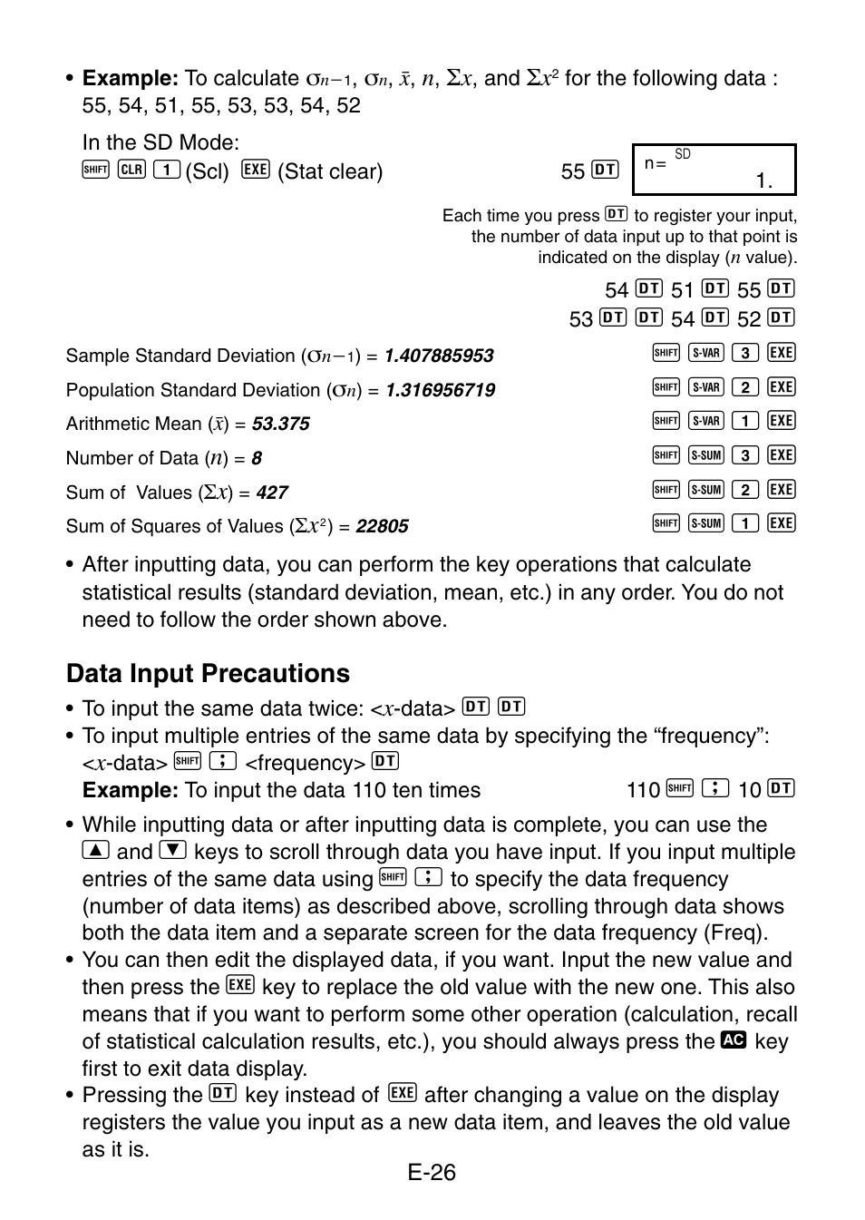 Data input precautions | Casio fx-3650P User Manual | Page 28 / 61