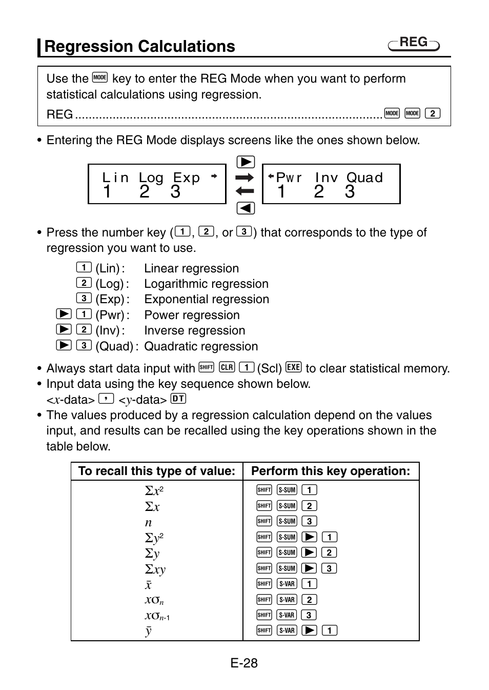 Re regression calculations | Casio fx-3650P User Manual | Page 30 / 61