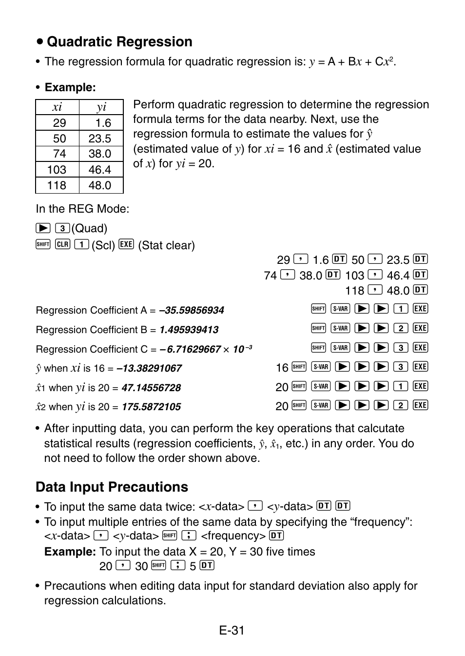 U quadratic regression, Data input precautions | Casio fx-3650P User Manual | Page 33 / 61
