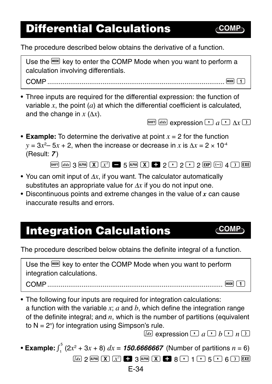 Differential calculations, Integration calculations | Casio fx-3650P User Manual | Page 36 / 61