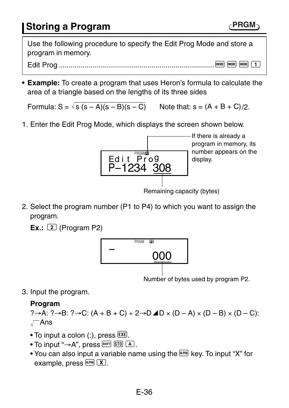 Storing a program | Casio fx-3650P User Manual | Page 38 / 61
