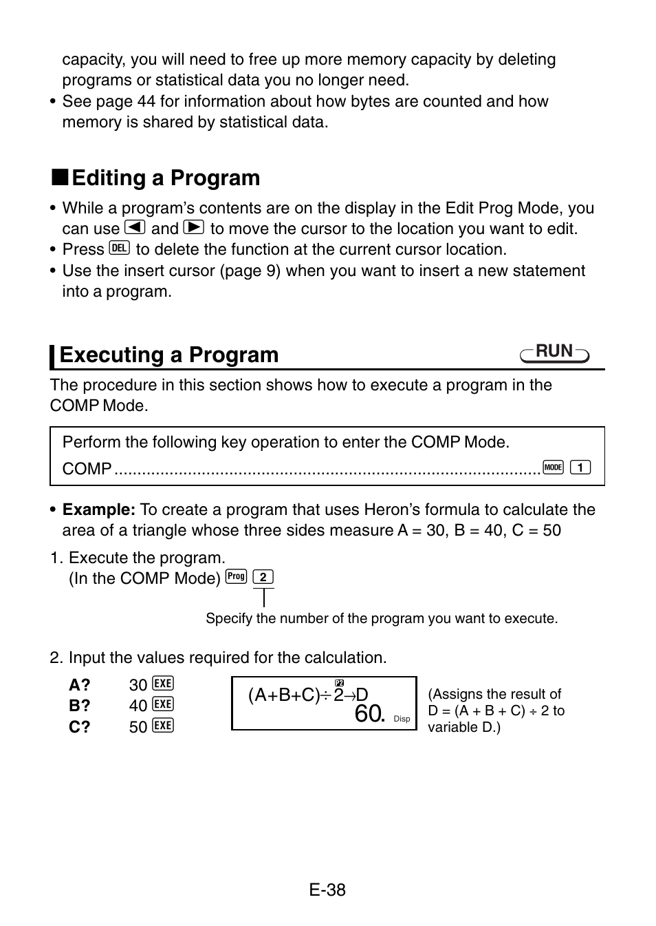 K editing a program, Executing a program | Casio fx-3650P User Manual | Page 40 / 61