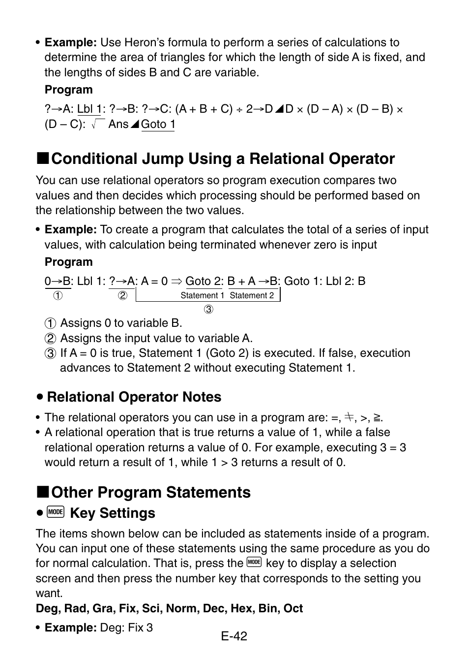 K conditional jump using a relational operator, K other program statements, Key settings | Casio fx-3650P User Manual | Page 44 / 61