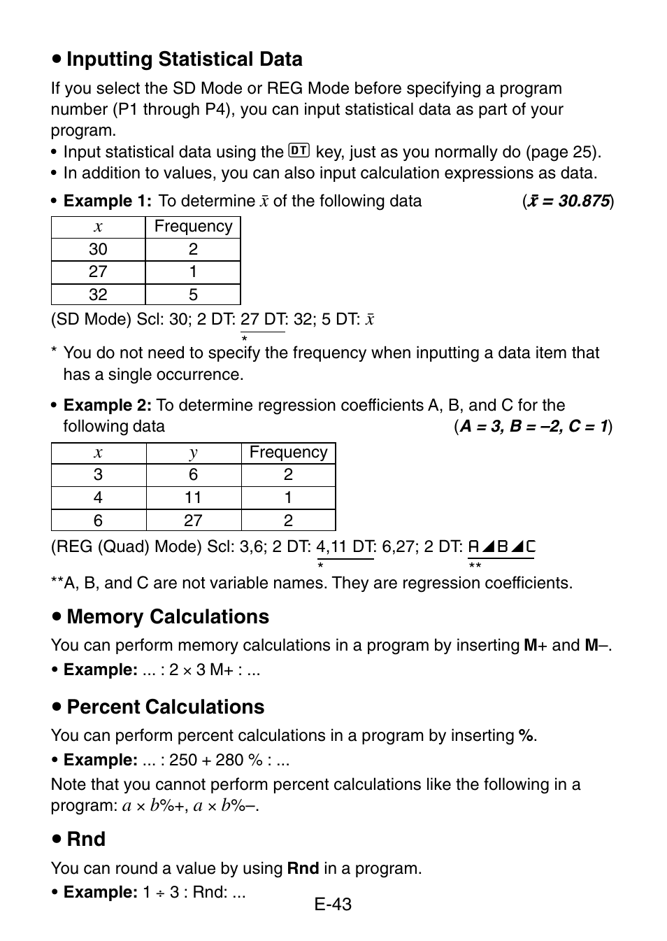 U inputting statistical data, U percent calculations, U rnd | Casio fx-3650P User Manual | Page 45 / 61