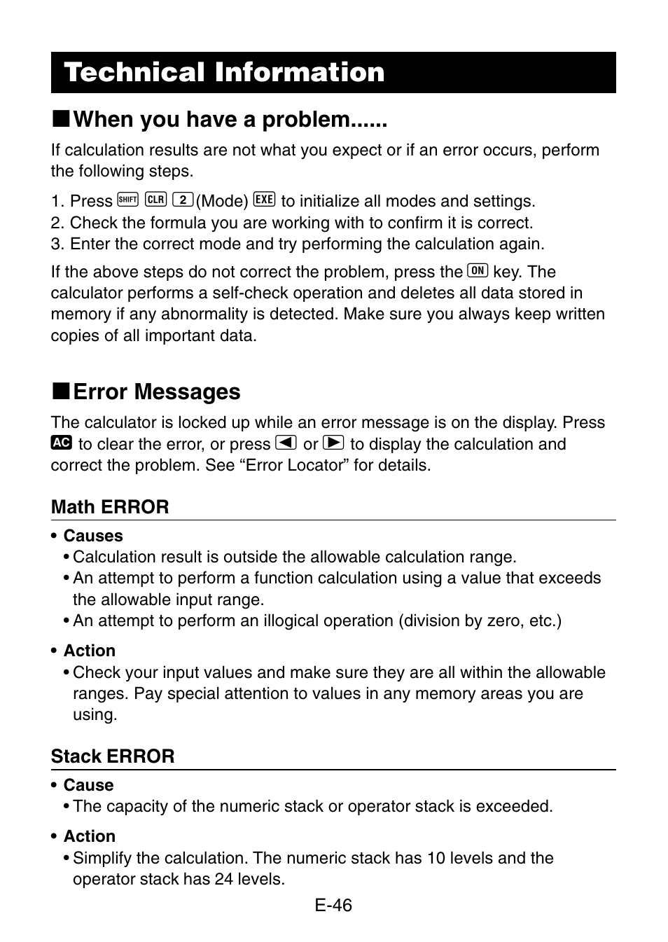 Technical information, K when you have a problem, K error messages | Casio fx-3650P User Manual | Page 48 / 61