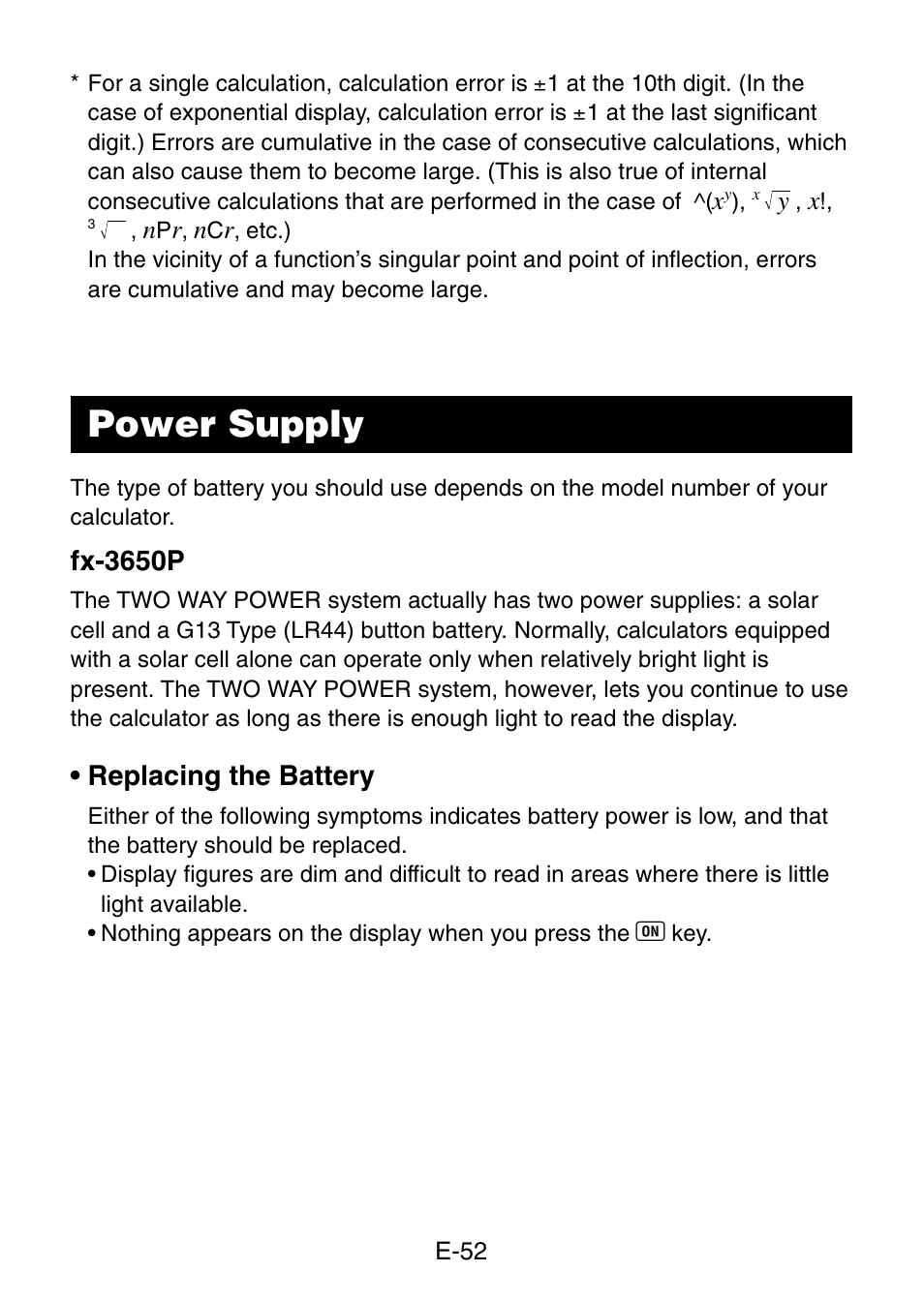 Power supply, Fx-3650p, Replacing the battery | Casio fx-3650P User Manual | Page 54 / 61
