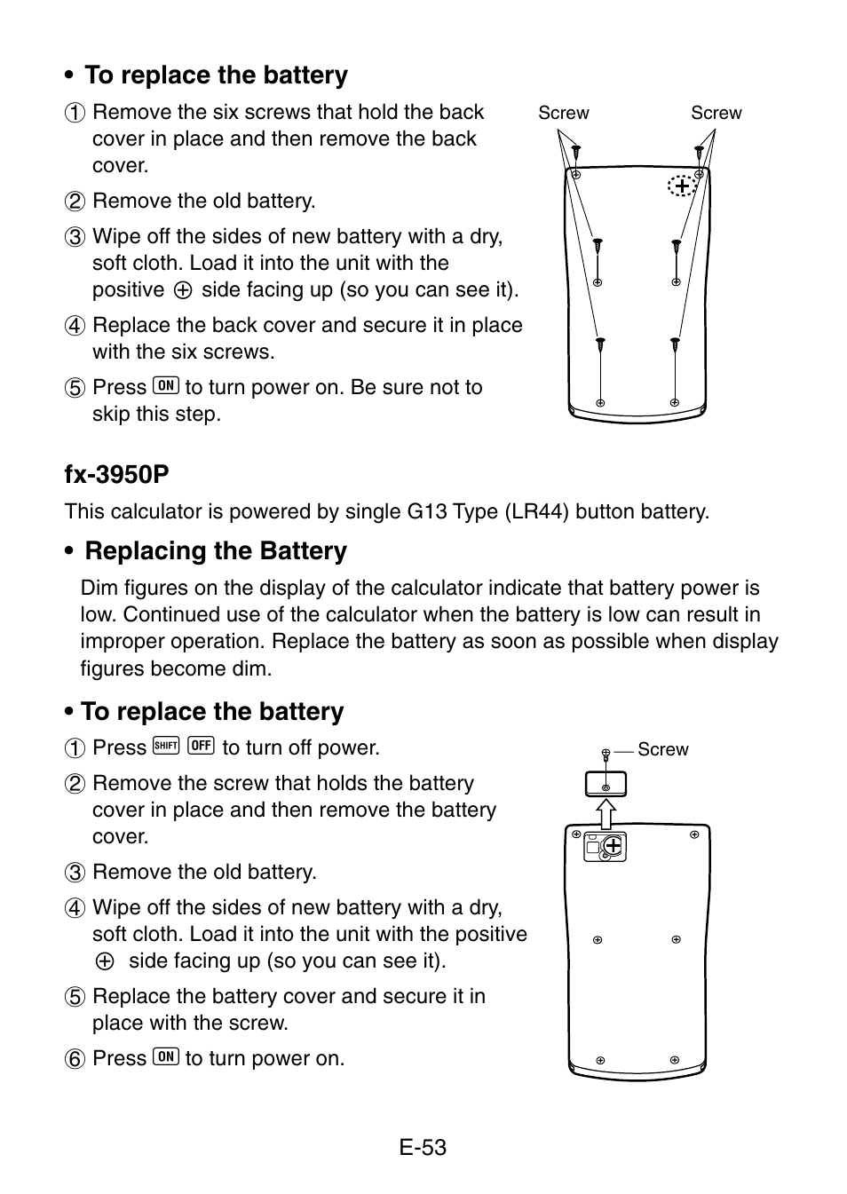 Fx-3950p, Replacing the battery | Casio fx-3650P User Manual | Page 55 / 61