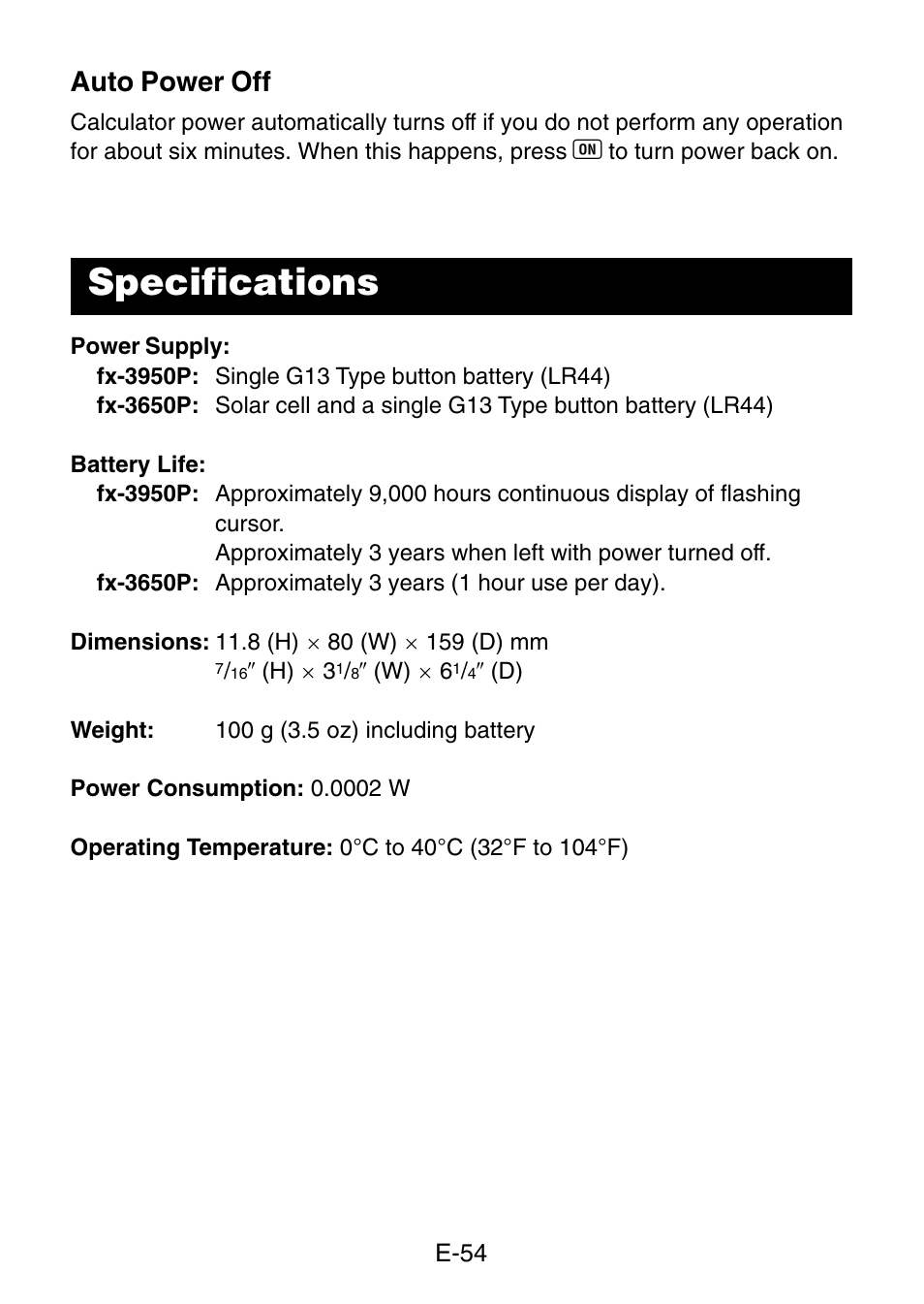 Specifications, Auto power off | Casio fx-3650P User Manual | Page 56 / 61