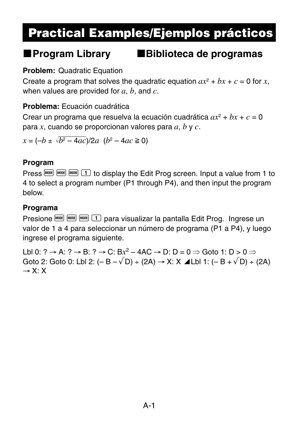 Practical examples/ejemplos prácticos, K program library k biblioteca de programas | Casio fx-3650P User Manual | Page 57 / 61