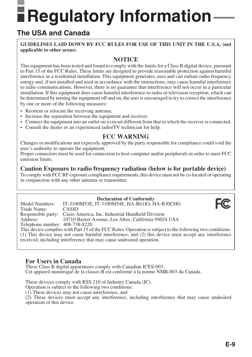 Regulatory information, The usa and canada | Casio IT-3100 User Manual | Page 11 / 75