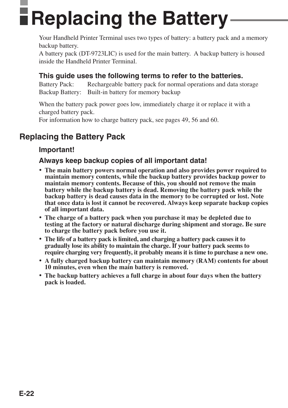 Replacing the battery, Replacing the battery pack | Casio IT-3100 User Manual | Page 24 / 75