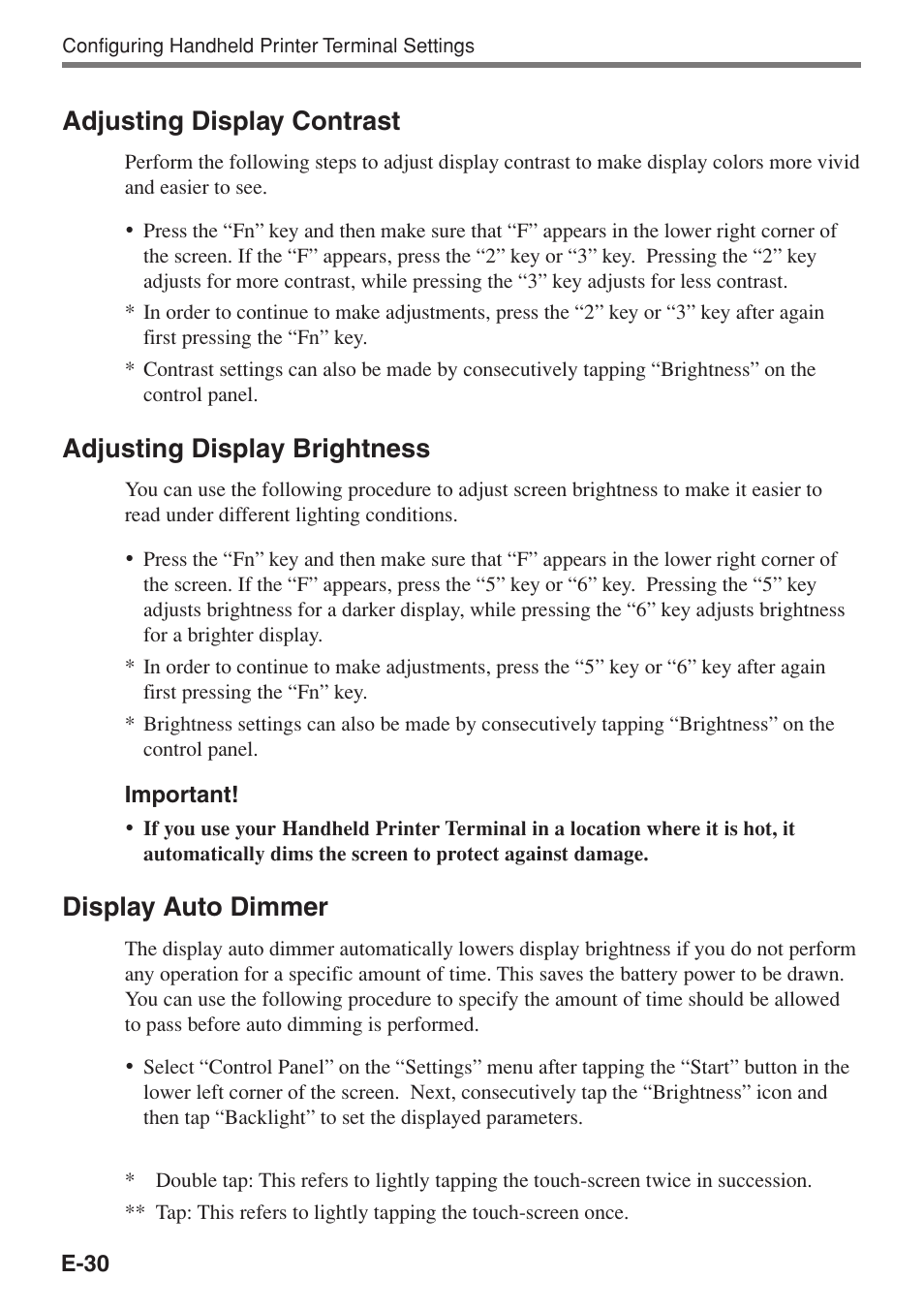 Adjusting display contrast, Adjusting display brightness, Display auto dimmer | Casio IT-3100 User Manual | Page 32 / 75