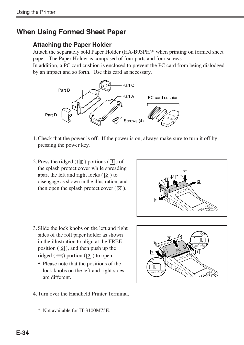 When using formed sheet paper, E-34, Attaching the paper holder | Casio IT-3100 User Manual | Page 36 / 75