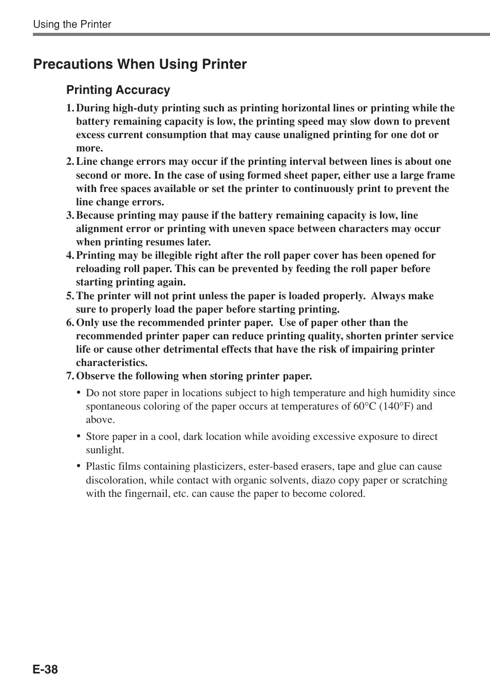 Precautions when using printer | Casio IT-3100 User Manual | Page 40 / 75
