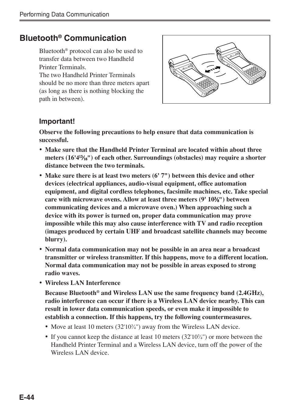 Bluetooth, Communication, E-44 | Important | Casio IT-3100 User Manual | Page 46 / 75