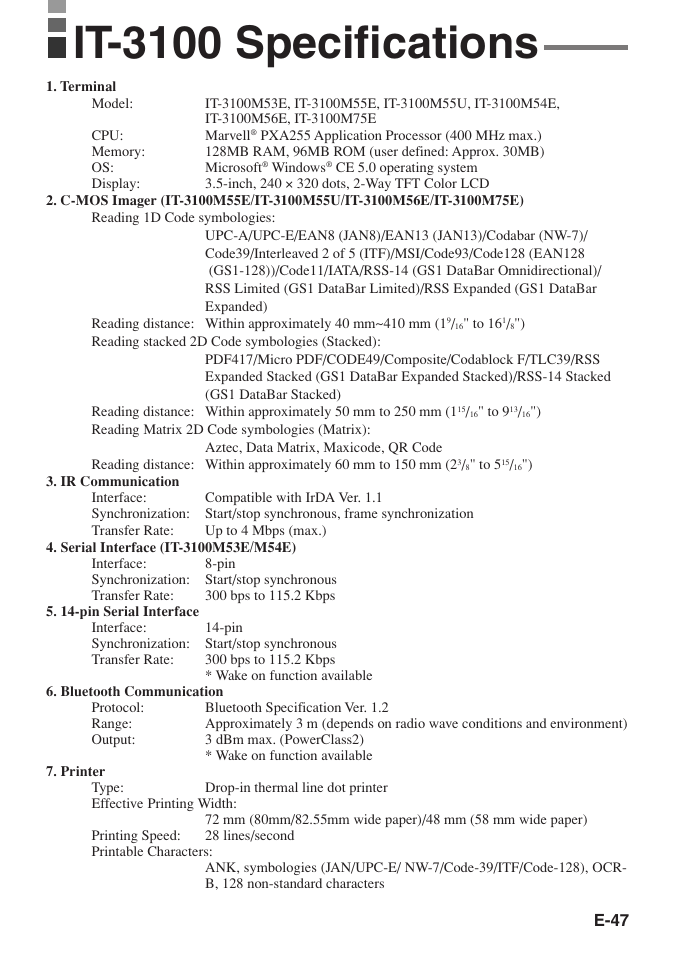 It-3100 specifications, E-47 | Casio IT-3100 User Manual | Page 49 / 75