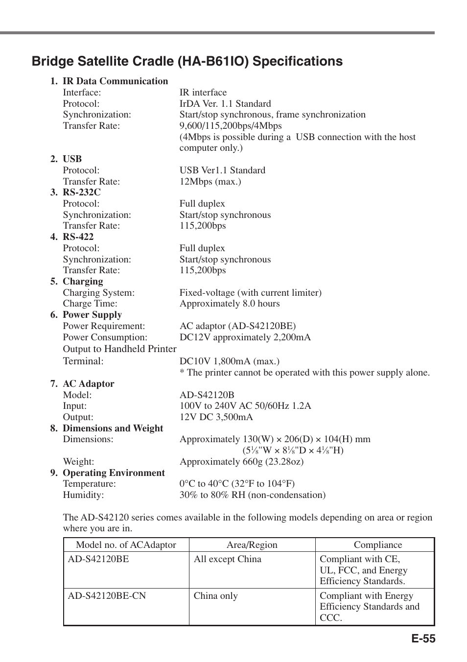 Bridge satellite cradle (ha-b61io) specifications, E-55 | Casio IT-3100 User Manual | Page 57 / 75