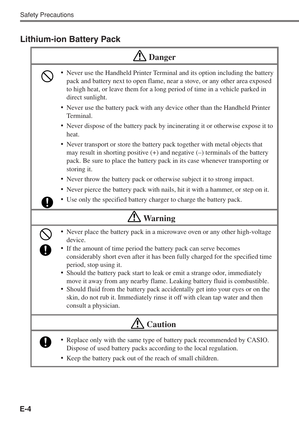 Lithium-ion battery pack danger, Warning, Caution | Casio IT-3100 User Manual | Page 6 / 75