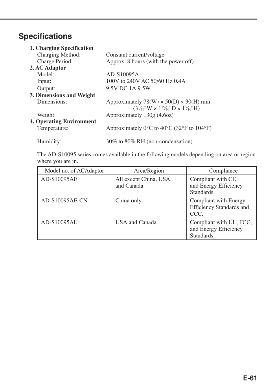 Specifications, E-61 | Casio IT-3100 User Manual | Page 63 / 75