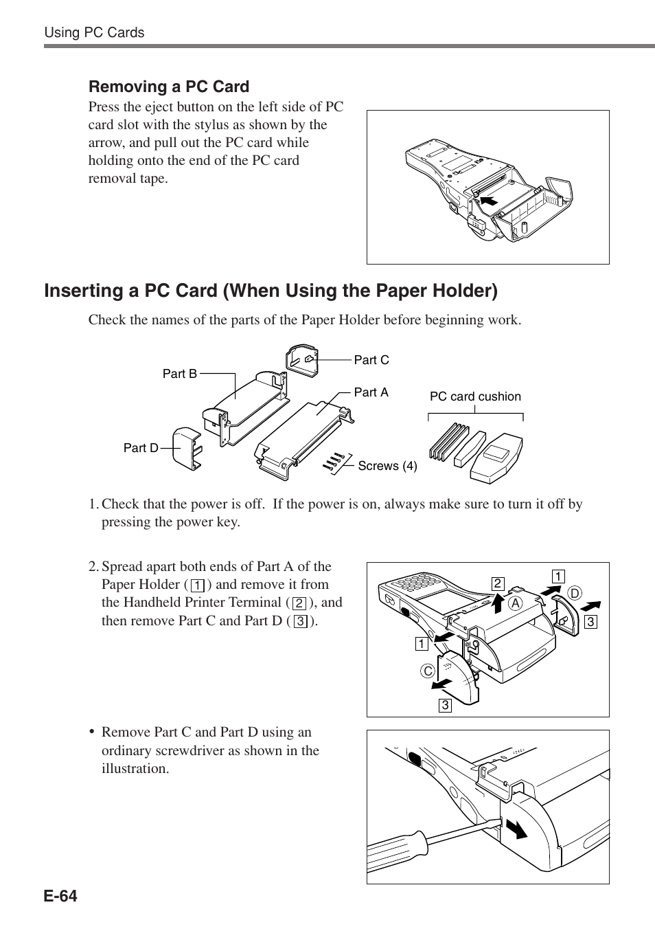 Inserting a pc card (when using the paper holder) | Casio IT-3100 User Manual | Page 66 / 75