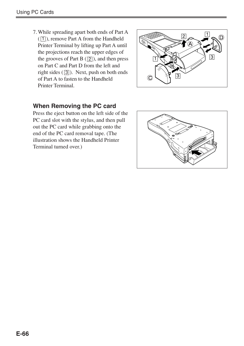E-66, When removing the pc card | Casio IT-3100 User Manual | Page 68 / 75
