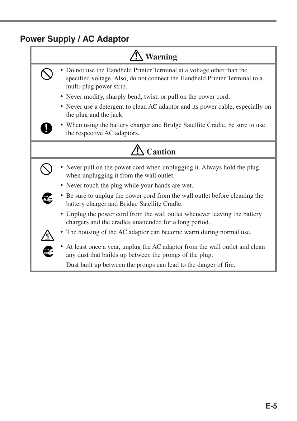 Power supply / ac adaptor warning, Caution | Casio IT-3100 User Manual | Page 7 / 75