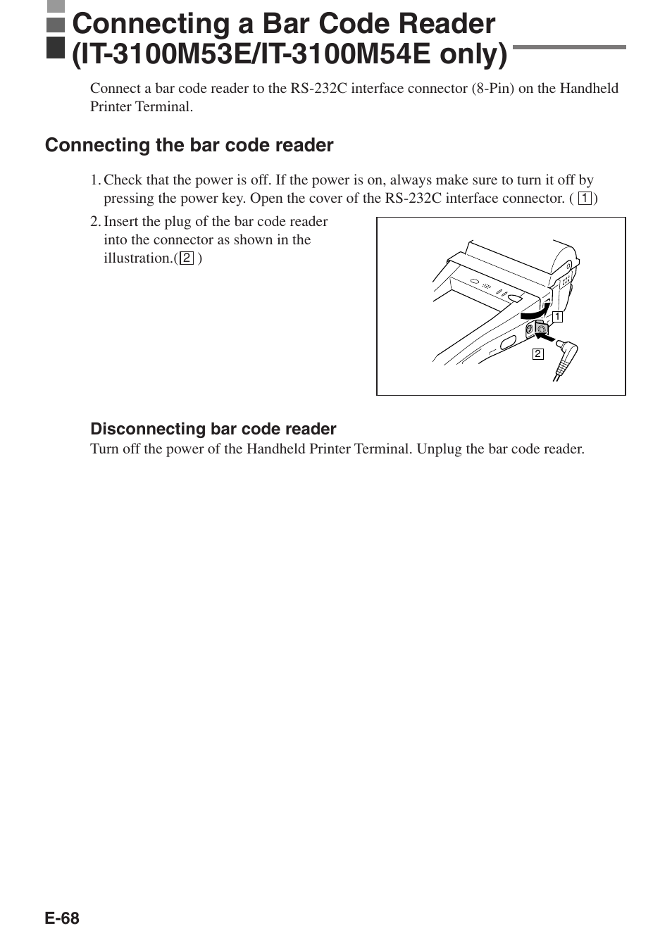 Connecting the bar code reader | Casio IT-3100 User Manual | Page 70 / 75