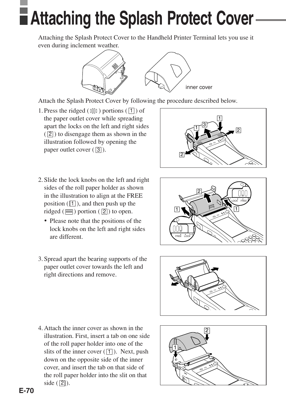 Attaching the splash protect cover, E-70 | Casio IT-3100 User Manual | Page 72 / 75