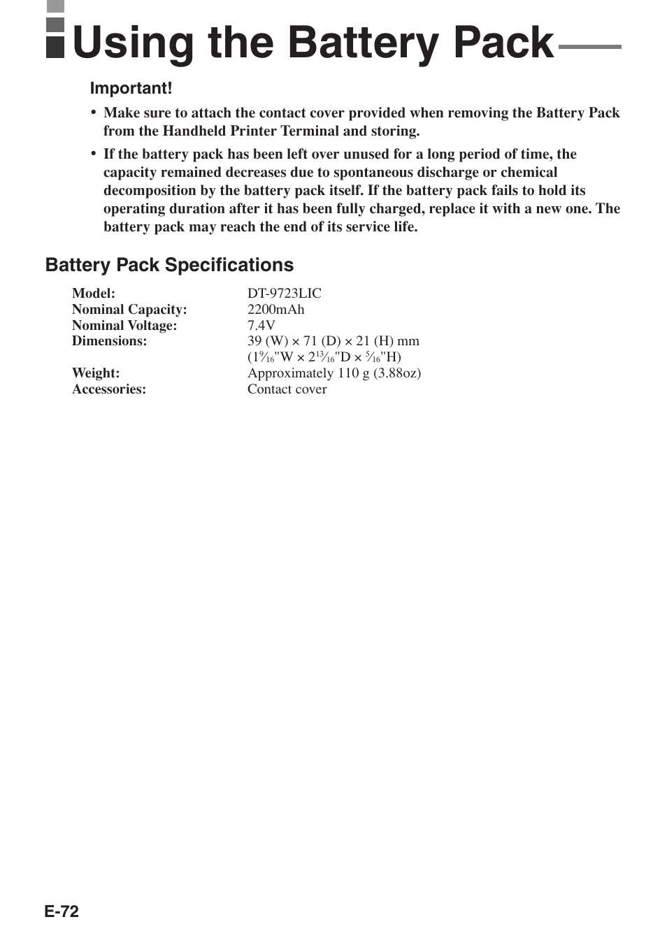 Using the battery pack, Battery pack specifications | Casio IT-3100 User Manual | Page 74 / 75
