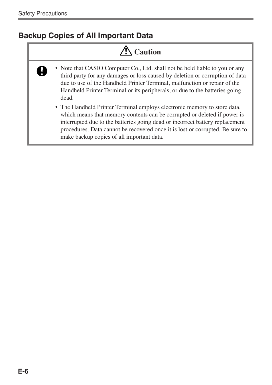 Backup copies of all important data caution | Casio IT-3100 User Manual | Page 8 / 75