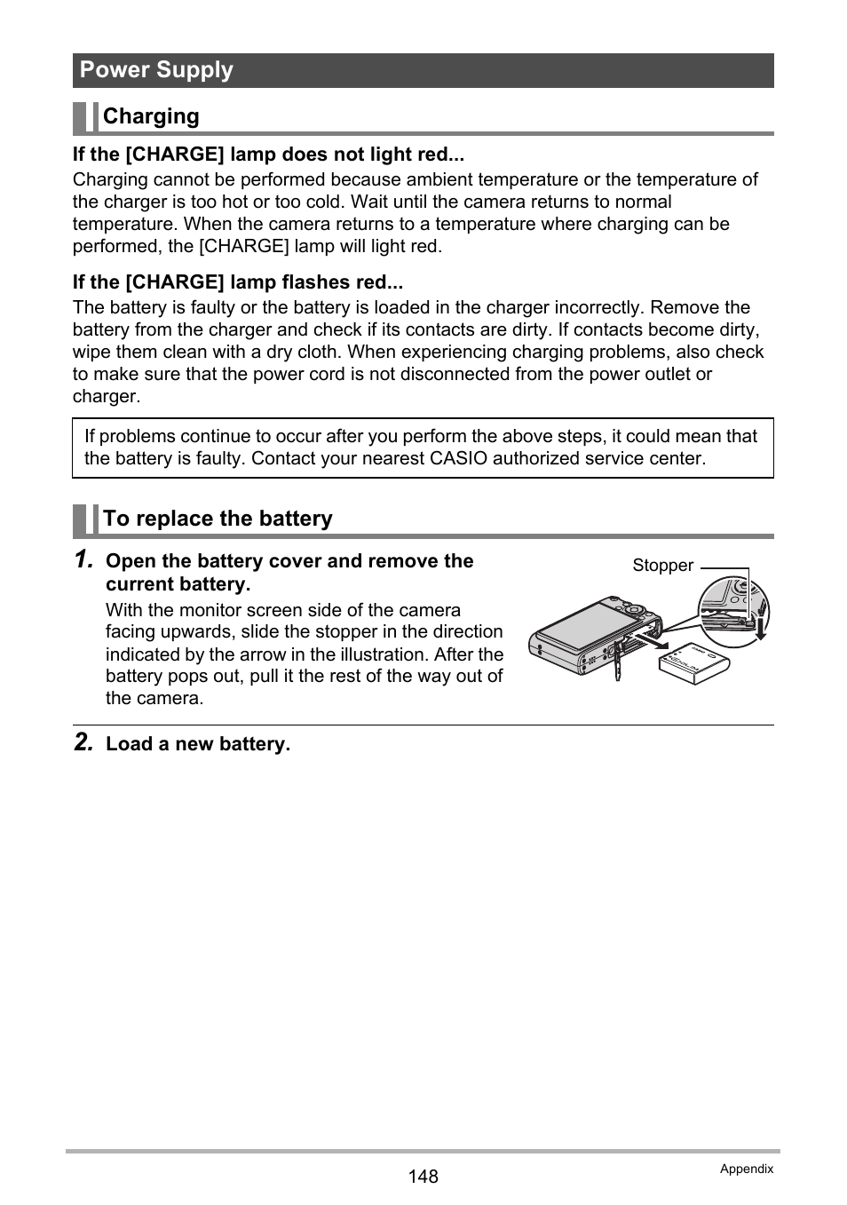 Power supply, Charging, To replace the battery | E 148 | Casio EX-Z100 User Manual | Page 148 / 171