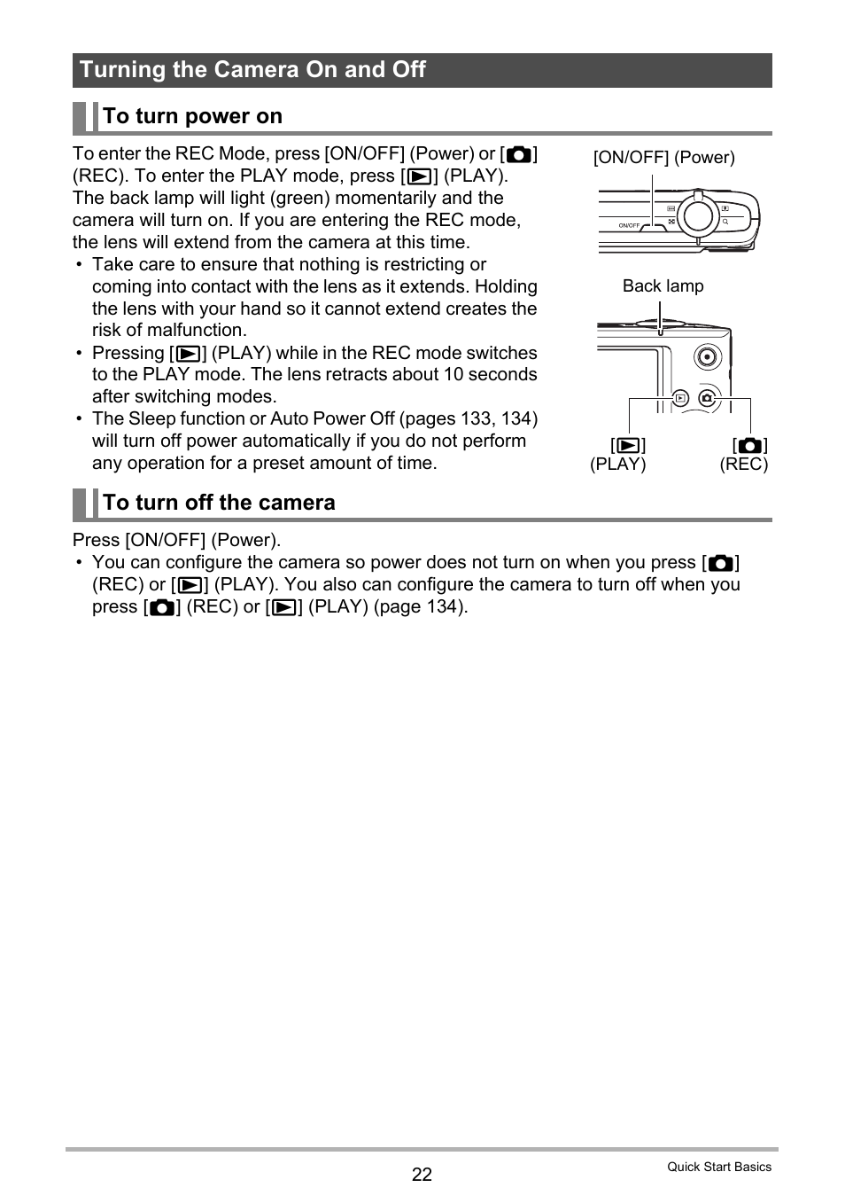 Turning the camera on and off, To turn power on, To turn off the camera | Casio EX-Z100 User Manual | Page 22 / 171