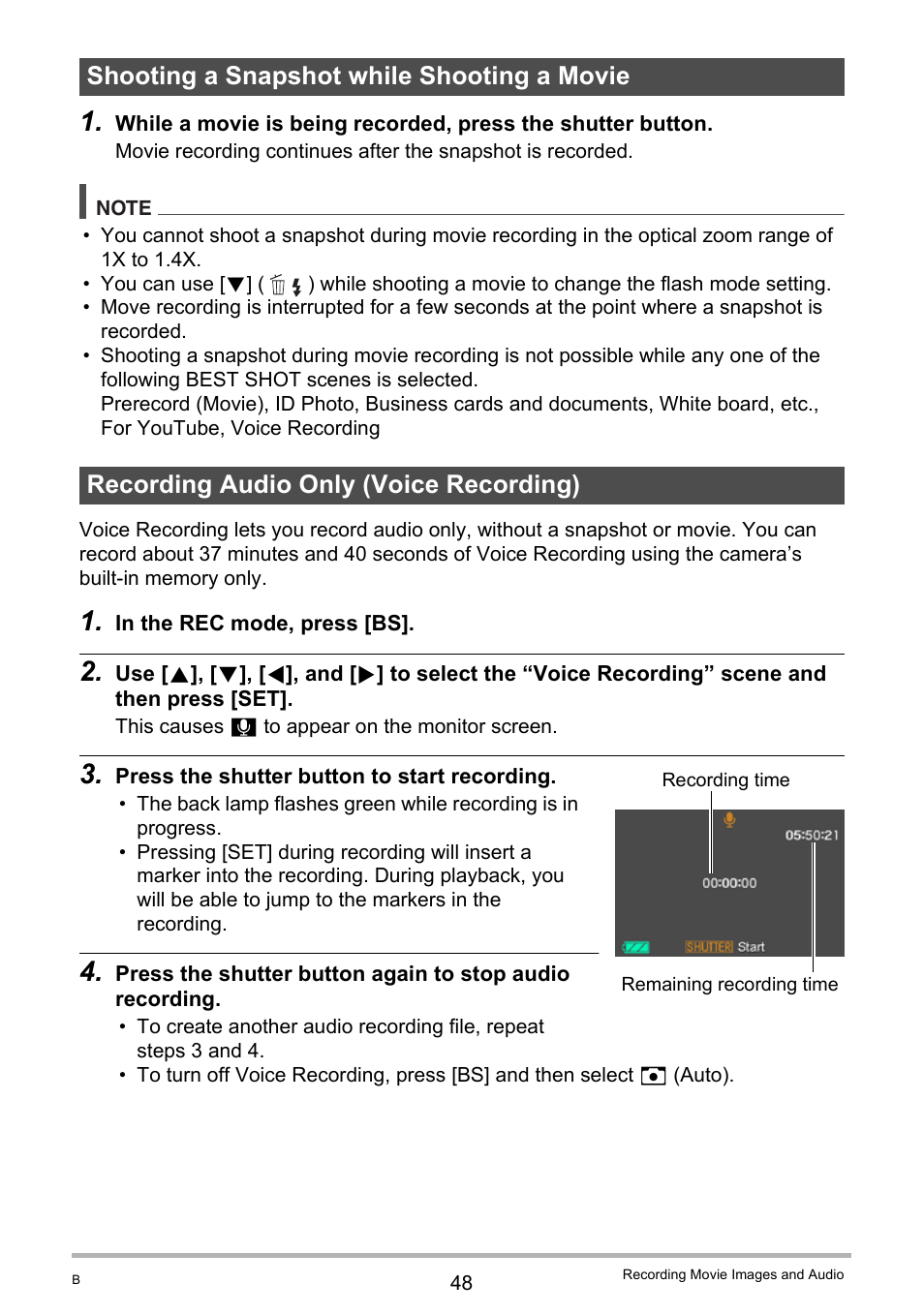 Shooting a snapshot while shooting a movie, Recording audio only (voice recording) | Casio EX-Z100 User Manual | Page 48 / 171