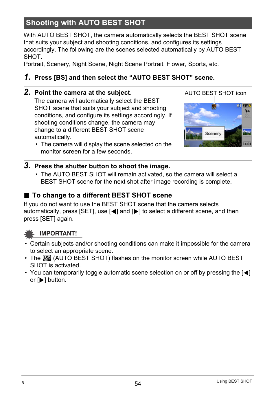 Shooting with auto best shot | Casio EX-Z100 User Manual | Page 54 / 171