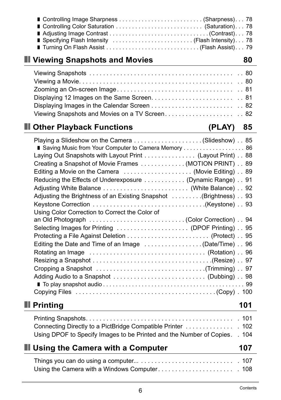 Viewing snapshots and movies 80, Other playback functions (play) 85, Printing 101 | Using the camera with a computer 107 | Casio EX-Z100 User Manual | Page 6 / 171