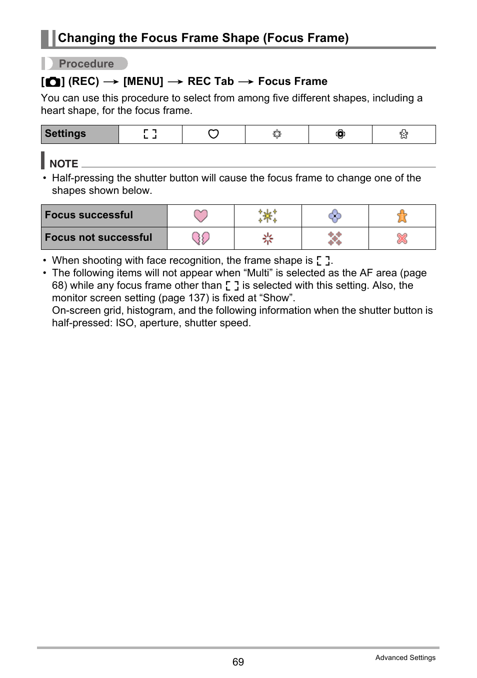 Changing the focus frame shape (focus frame) | Casio EX-Z100 User Manual | Page 69 / 171