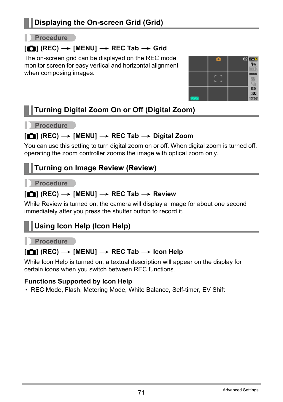 Displaying the on-screen grid (grid), Turning digital zoom on or off (digital zoom), Turning on image review (review) | Using icon help (icon help) | Casio EX-Z100 User Manual | Page 71 / 171