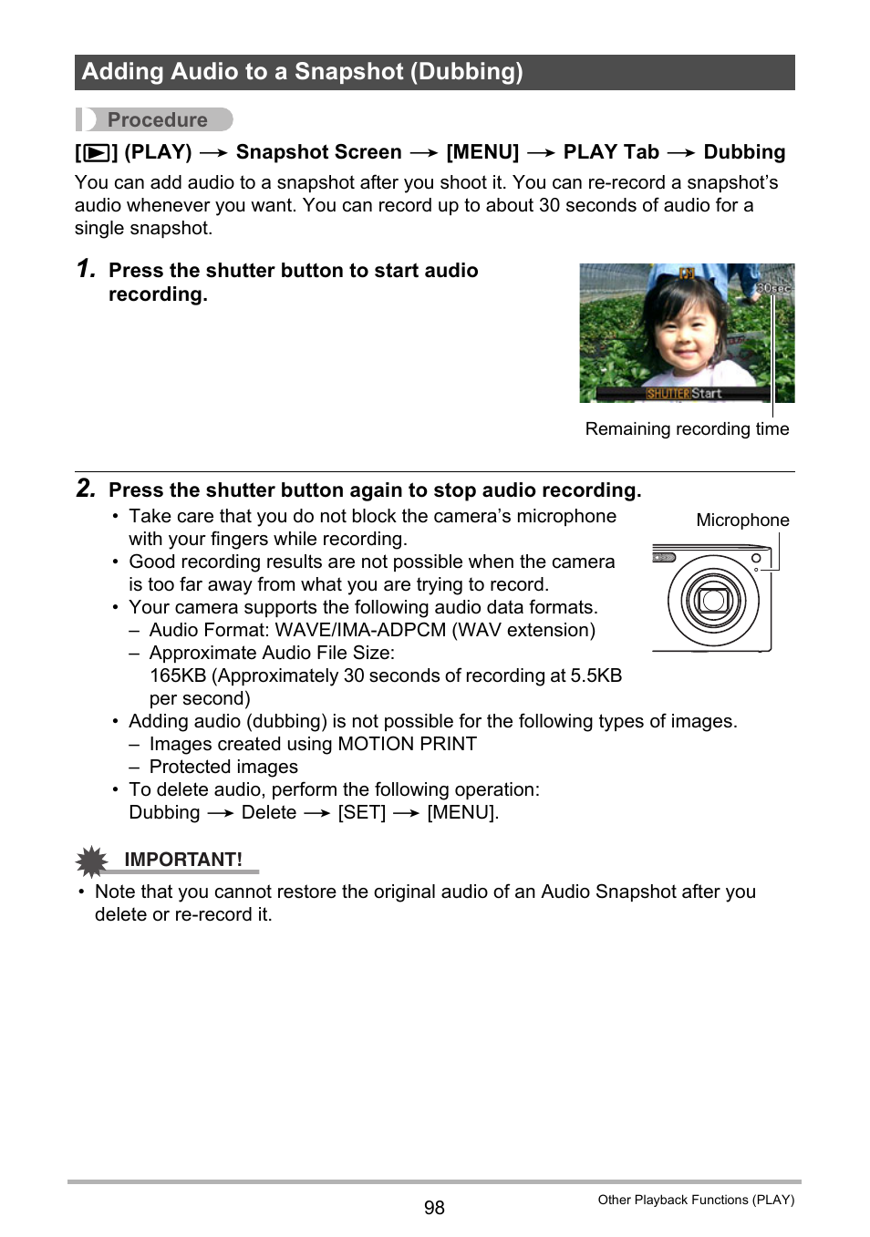 Adding audio to a snapshot (dubbing) | Casio EX-Z100 User Manual | Page 98 / 171
