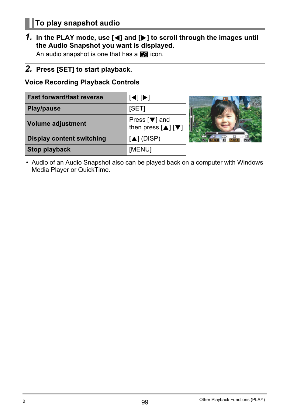 To play snapshot audio | Casio EX-Z100 User Manual | Page 99 / 171